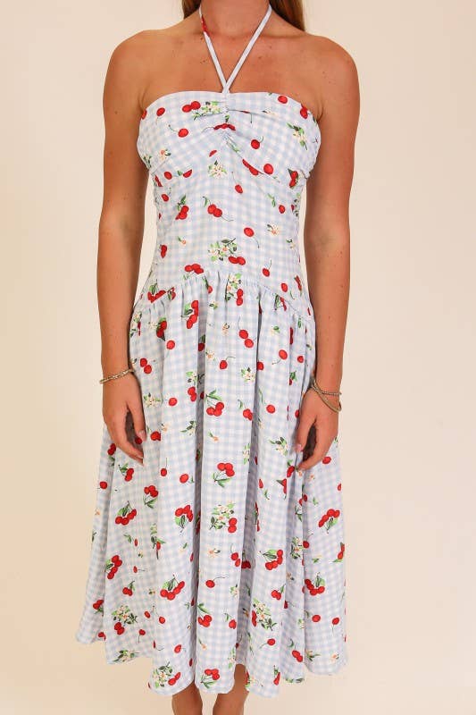Cherry Picnic Gingham Midi Dress: Blue/Red / M