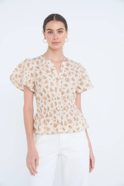 FLORAL CLIP DOT SPLIT NECK BELL SLEEVE TOP: DUSTY BLUE MULTI