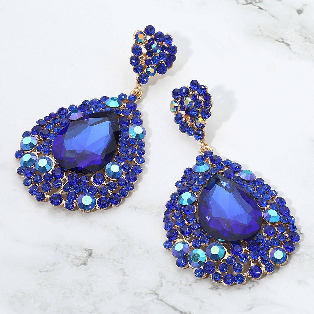 Teardrop Rhinestone Embellished Dangle Evening Earrings: AB Gold