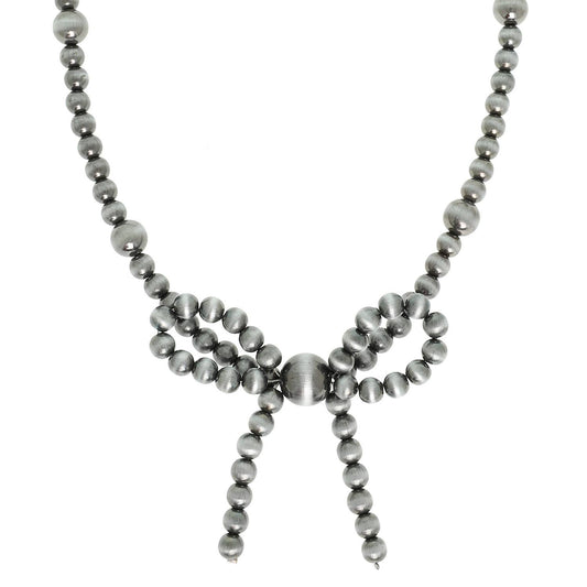 Western Bow Knot Pendant Pearl Bead Necklace : Silver