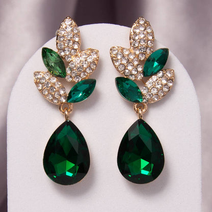 2-Tier Crystal Rhinestone Leaf Accent Dangle Earrings: Red