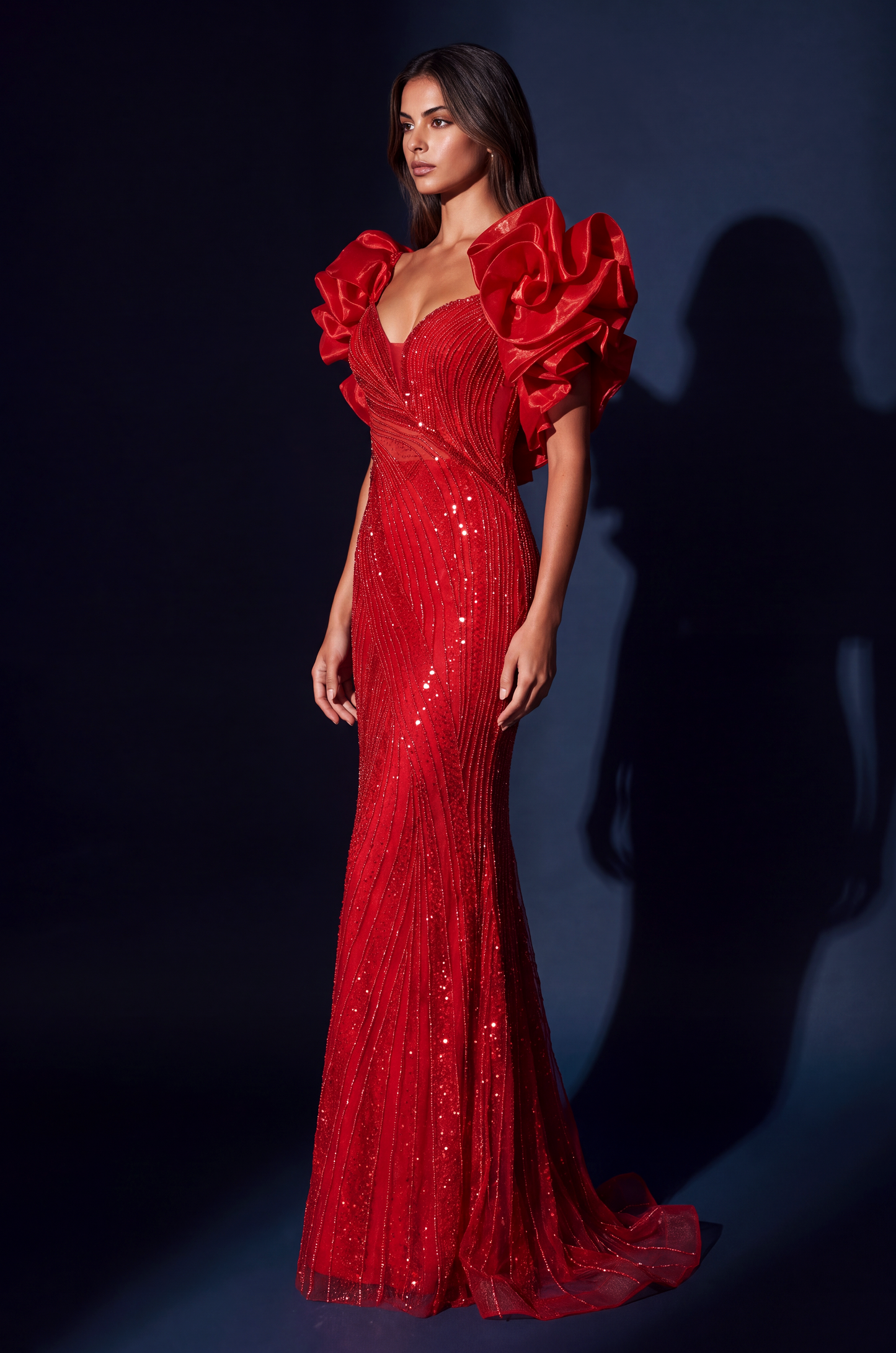 Formal Beaded Sequined Puff Sleeve Evening Dress: Red / 6