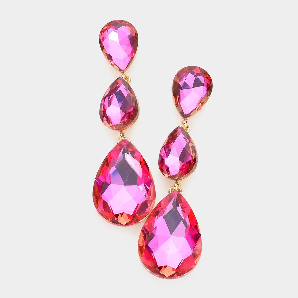 Triple Glass Crystal Teardrop Evening Earrings: AB Gold