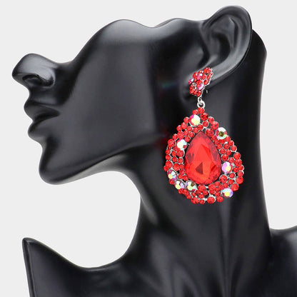 Teardrop Rhinestone Embellished Dangle Evening Earrings: FUCHSIA