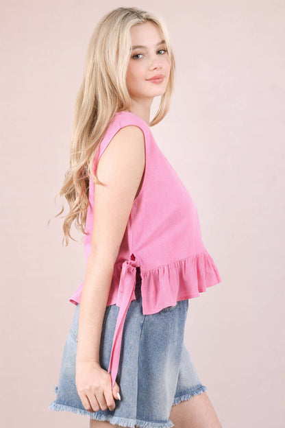 NT12128-Side Tie Detail Ruffled Top: RED DOT / S-M-L/2-2-2