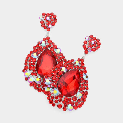 Teardrop Rhinestone Embellished Dangle Evening Earrings: EMERALD