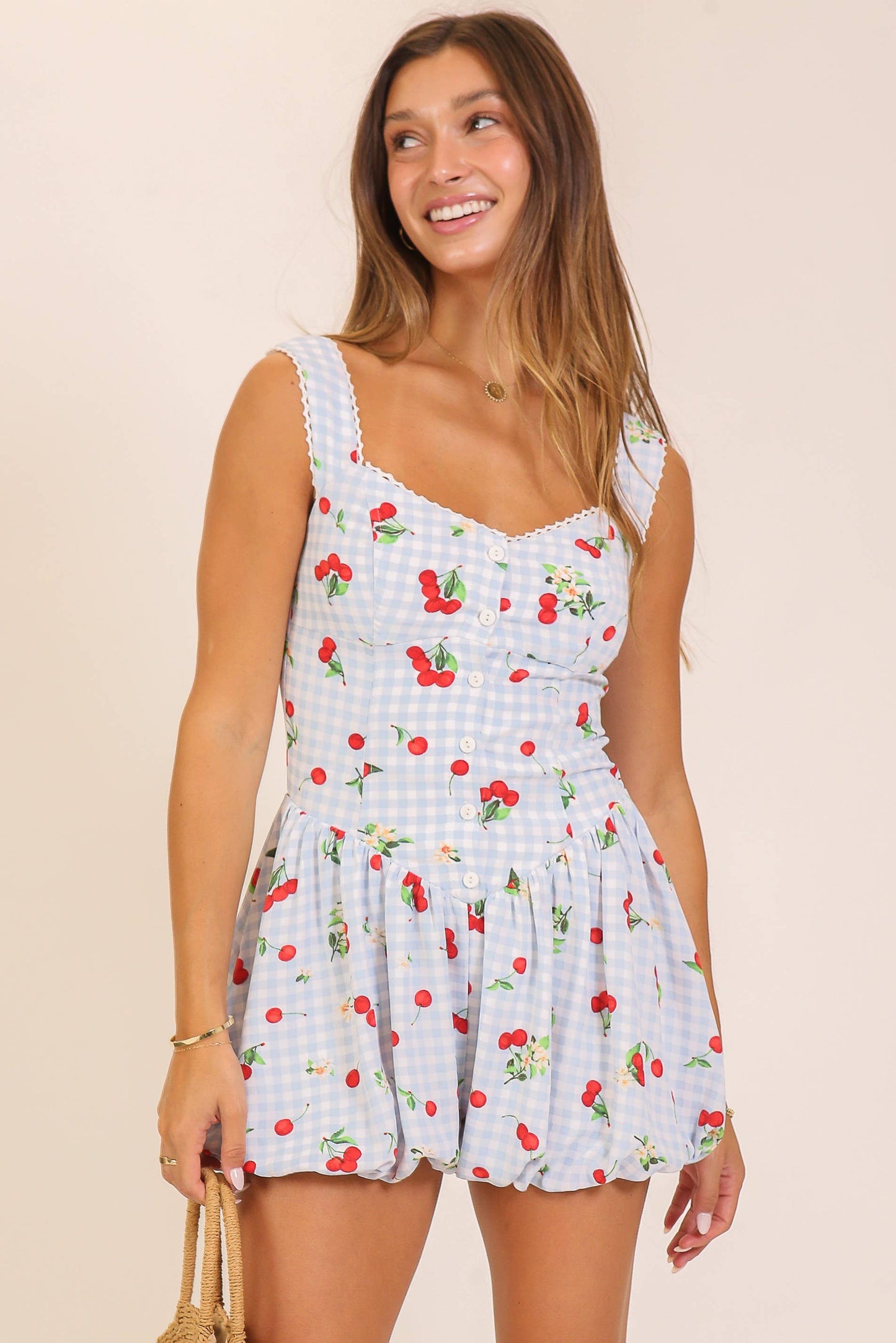 Cherry Gingham Bubble Romper: Blue/Red / L