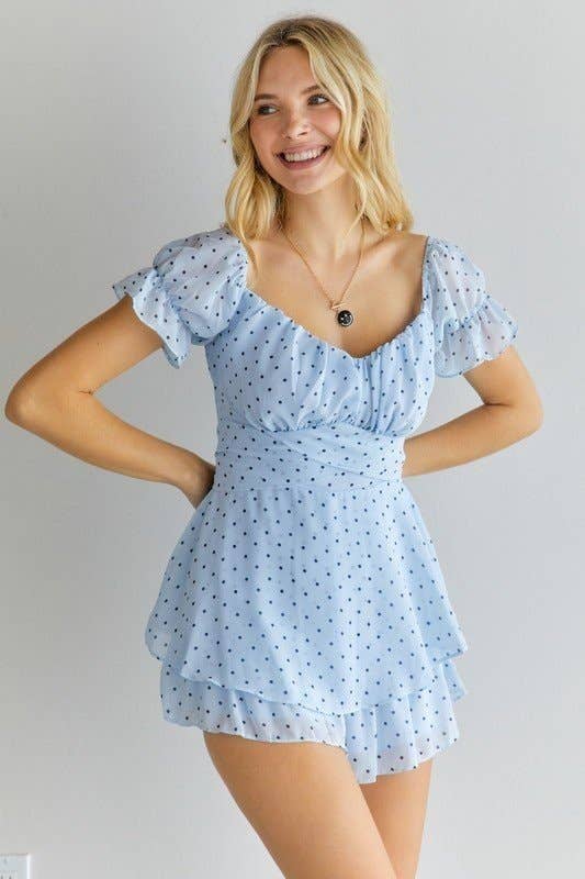 POLKA DOT OFF SHOULDER ROMPER: BLUE / L