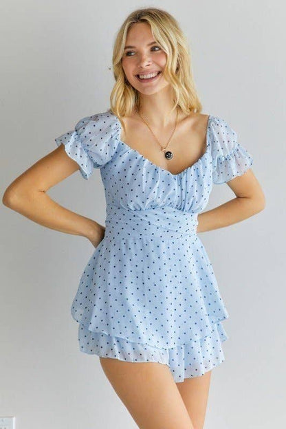 POLKA DOT OFF SHOULDER ROMPER: BLUE / L