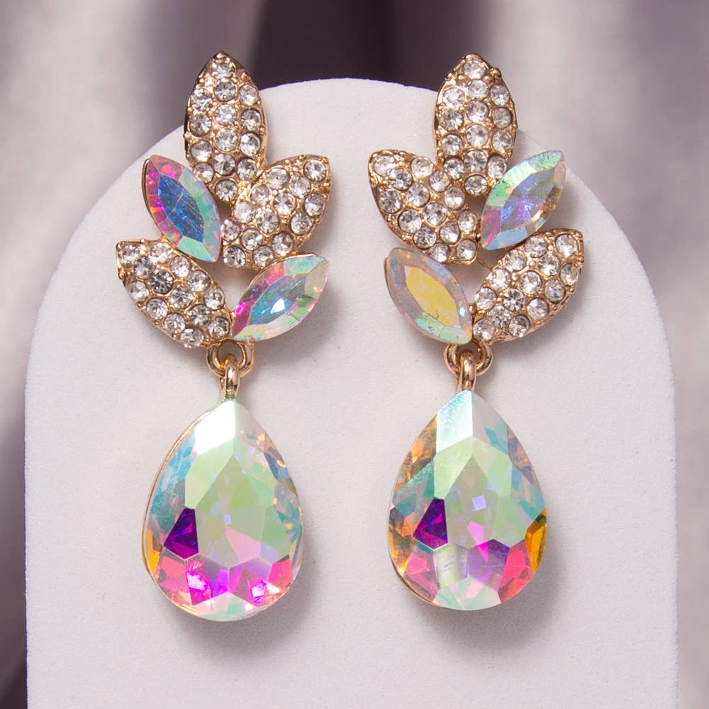 2-Tier Crystal Rhinestone Leaf Accent Dangle Earrings: Red