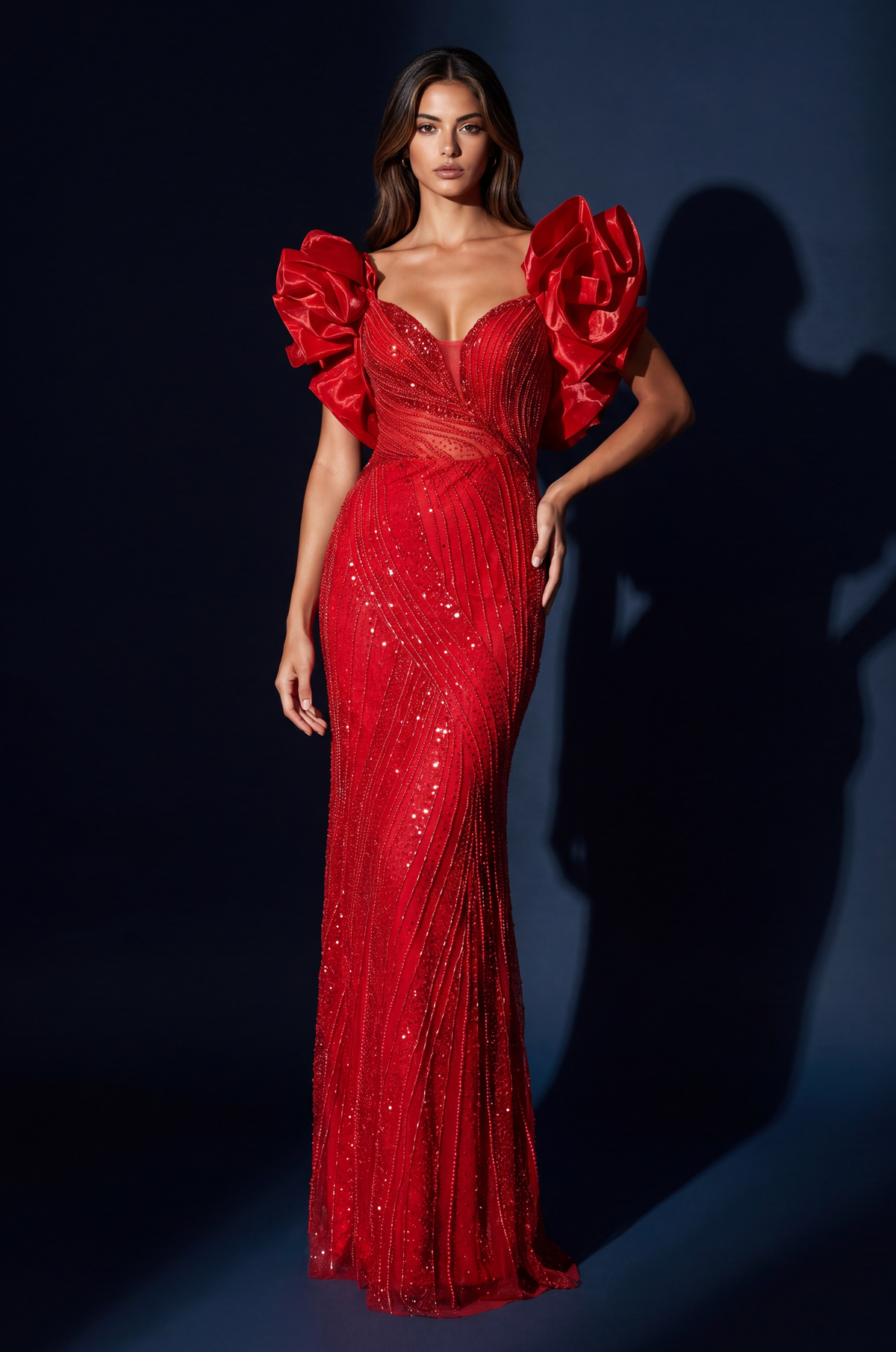 Formal Beaded Sequined Puff Sleeve Evening Dress: Red / 6